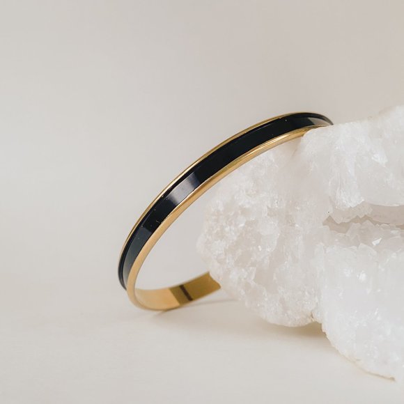 Napier Vintage Thin Black Enamel Stripe Gold Minimal Stackable Bangle Bracelet - Picture 2 of 8